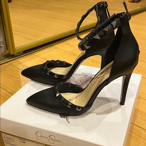 Jessica Simpson Black Studded Pointed Toe Ankle Strap Heels - Picture 2 of 6